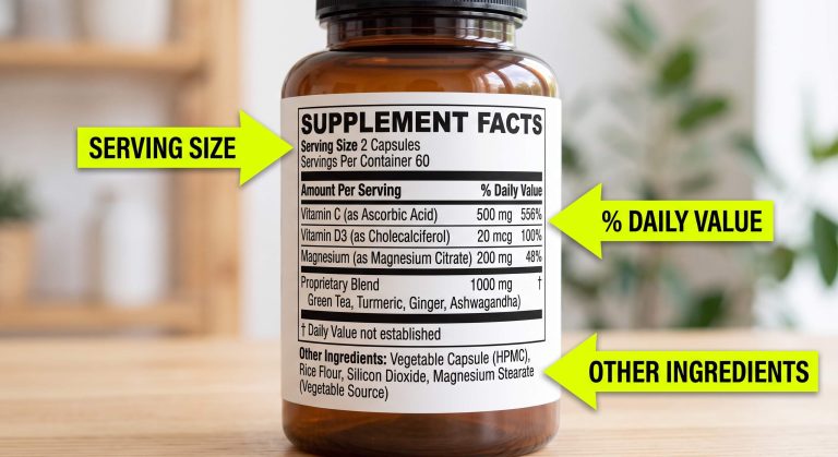 Diagram showing how to read a supplement facts label including serving size and daily value.