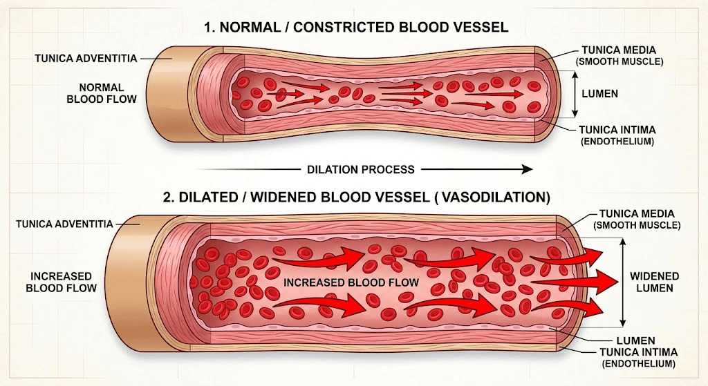 Diagram showing normal blood vessel expanding to allow increased blood flow due to vasodilation