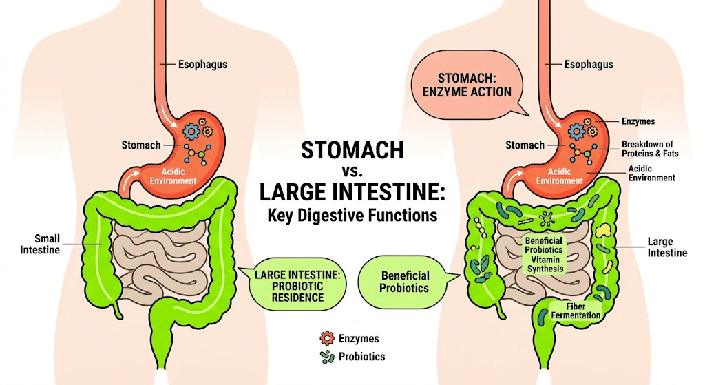 Diagram showing where digestive enzymes and probiotics work in the human digestive system