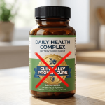Dietary supplement bottle showing illegal disease cure claims crossed out