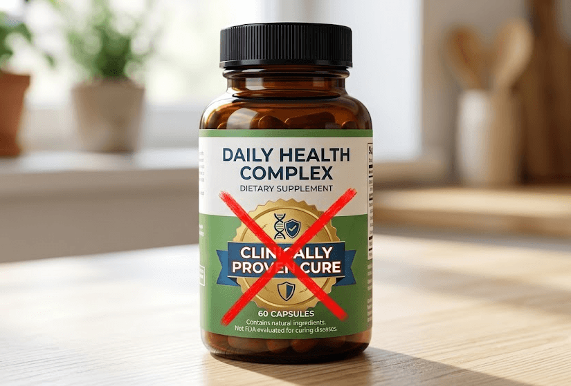Dietary supplement bottle showing illegal disease cure claims crossed out