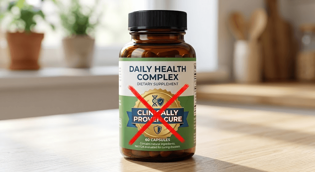 Dietary supplement bottle showing illegal disease cure claims crossed out