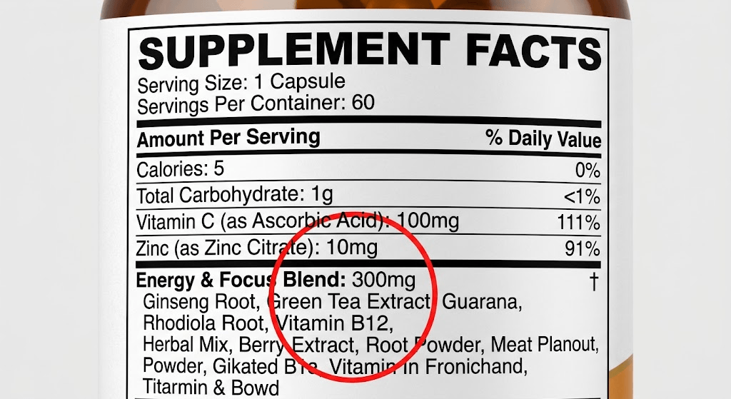 Example of a dietary supplement label highlighting a proprietary blend where exact ingredient amounts are hidden