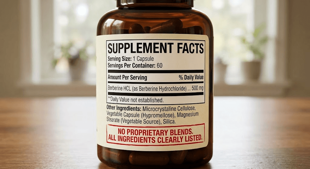Example of a transparent supplement label showing clear doses of Berberine HCL
