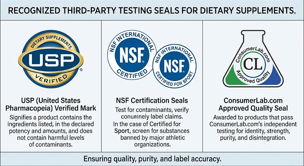 Examples of third-party testing seals for dietary supplements including USP and NSF
