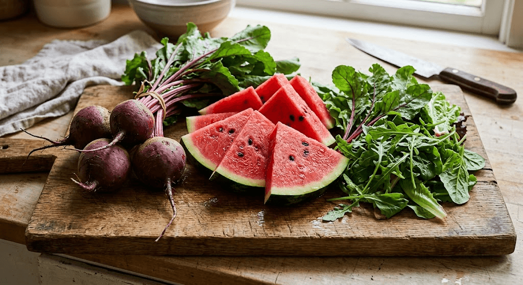 Fresh beets, watermelon, and leafy green vegetables which are natural sources of nitric oxide precursors