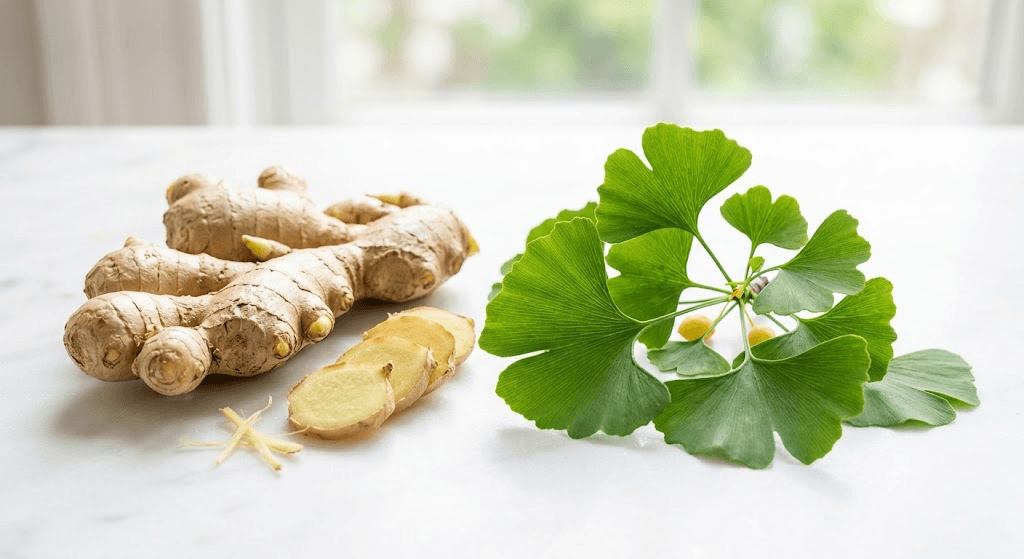 Fresh ginger root and green ginkgo biloba leaves often found in dietary supplements for nausea and sensory support