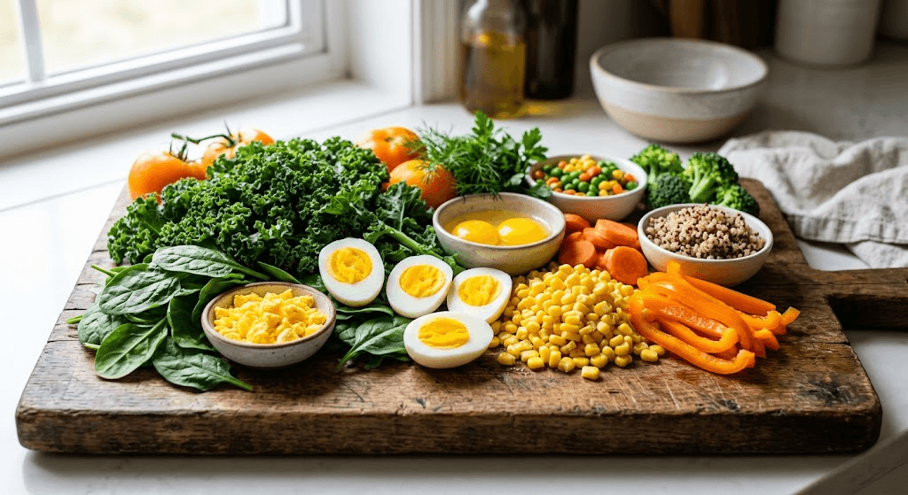 Fresh spinach, kale, and egg yolks which are natural food sources of lutein and zeaxanthin