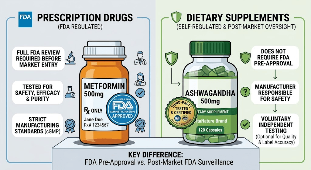 Graphic comparing FDA approval for prescription drugs versus third-party testing for dietary supplements