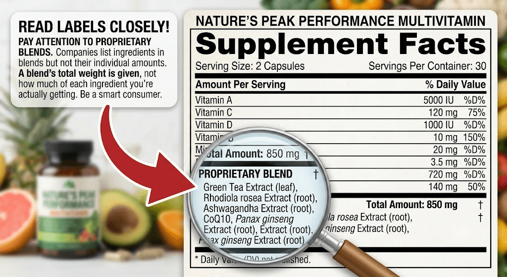 Graphic of a magnifying glass highlighting the proprietary blend section of a supplement facts label