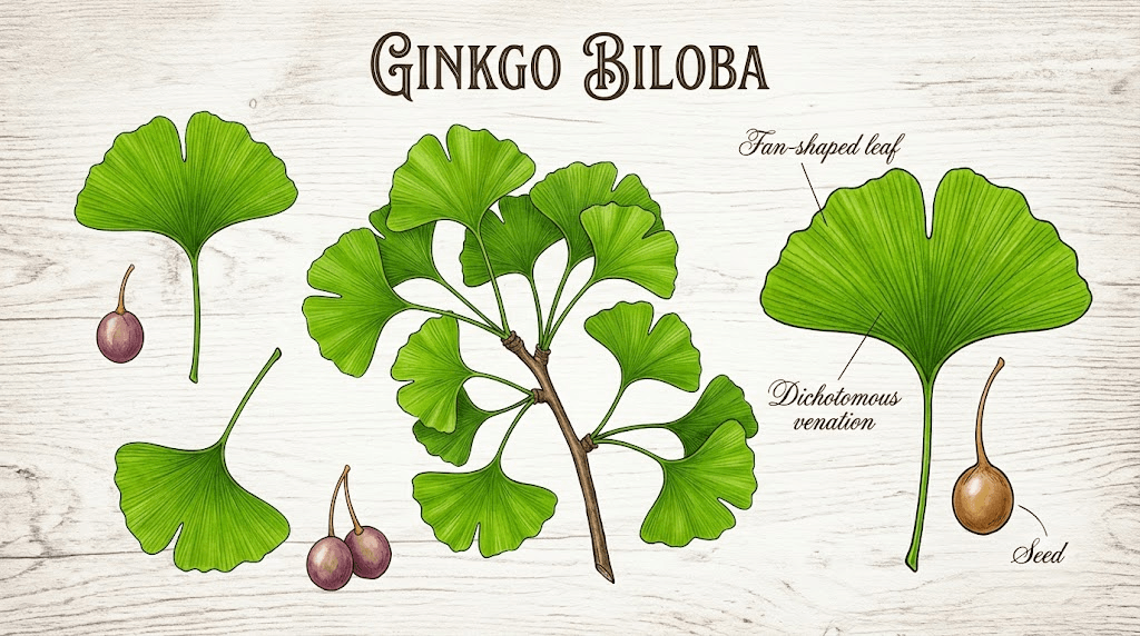 Green fan-shaped leaves of the Ginkgo biloba plant used in herbal supplements