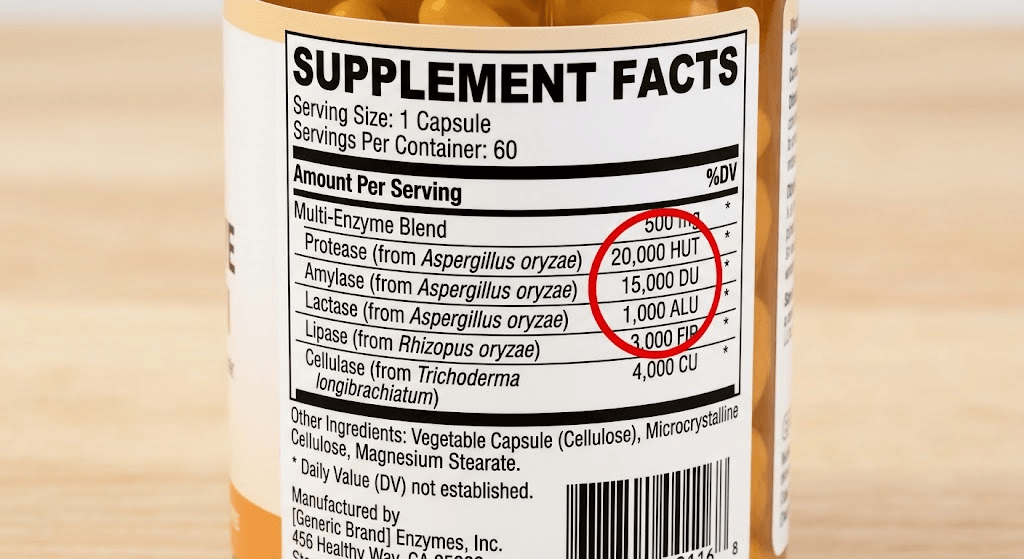 How to read a digestive enzyme supplement label and check for active measurement units