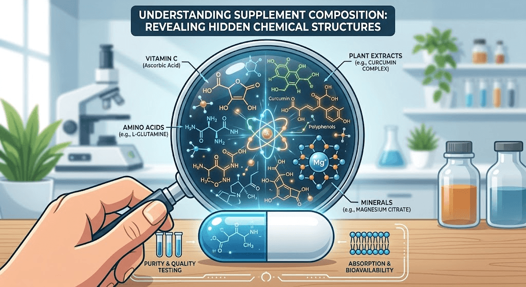 Illustration of a magnifying glass revealing hidden pharmaceutical chemicals inside a dietary supplement capsule