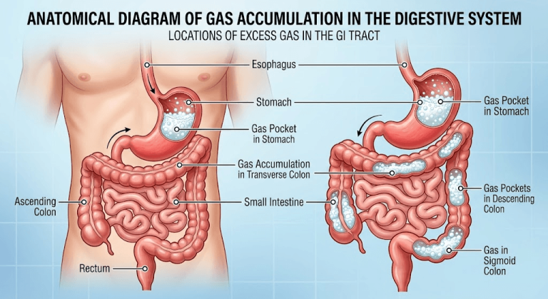 Illustration of the human digestive system showing the stomach, small intestine, and large intestine