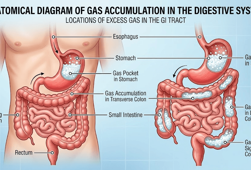 Illustration of the human digestive system showing the stomach, small intestine, and large intestine