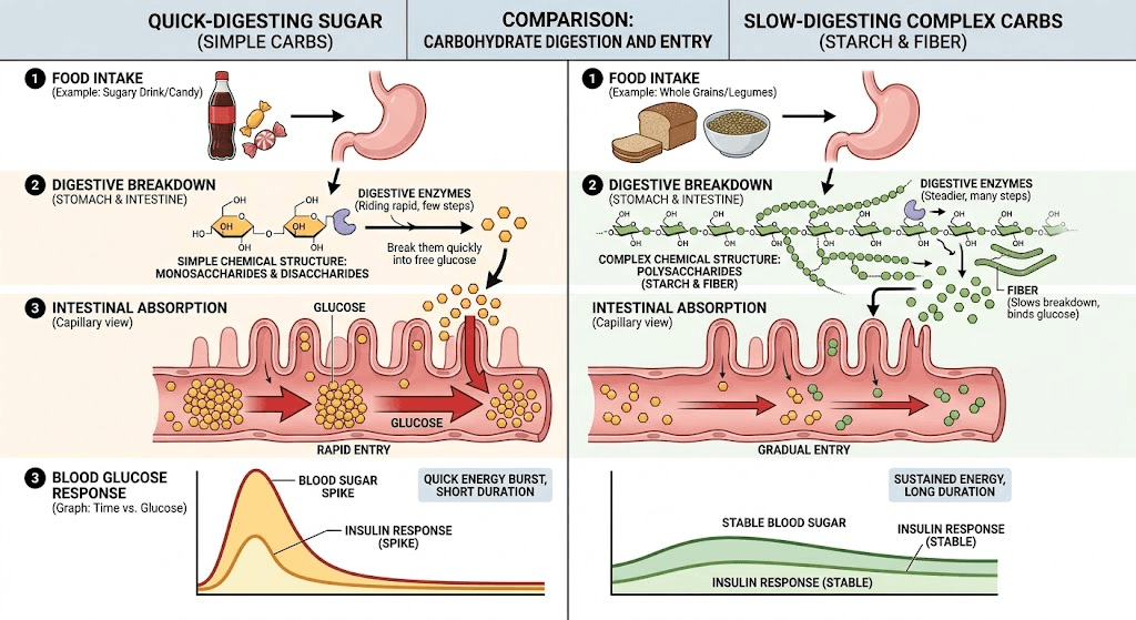 Illustration showing how complex and simple carbohydrates digest into blood glucose