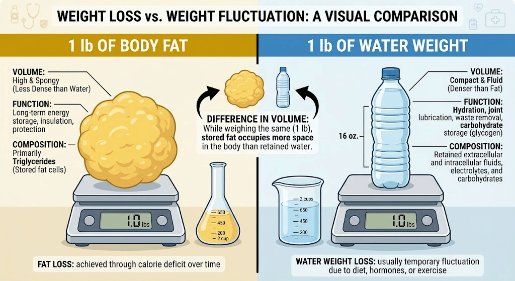 Infographic comparing the volume of one pound of body fat to stored water weight