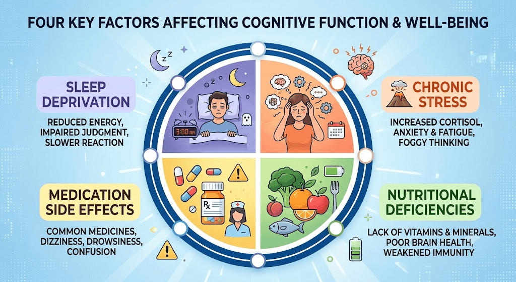 Infographic showing common causes of brain fog including stress, sleep loss, diet, and medications