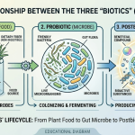 Infographic showing how prebiotic fibers feed probiotic bacteria to produce beneficial postbiotic compounds