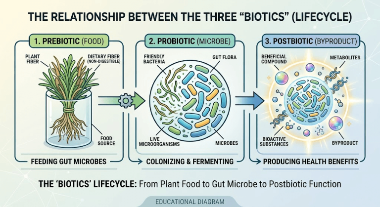 Infographic showing how prebiotic fibers feed probiotic bacteria to produce beneficial postbiotic compounds