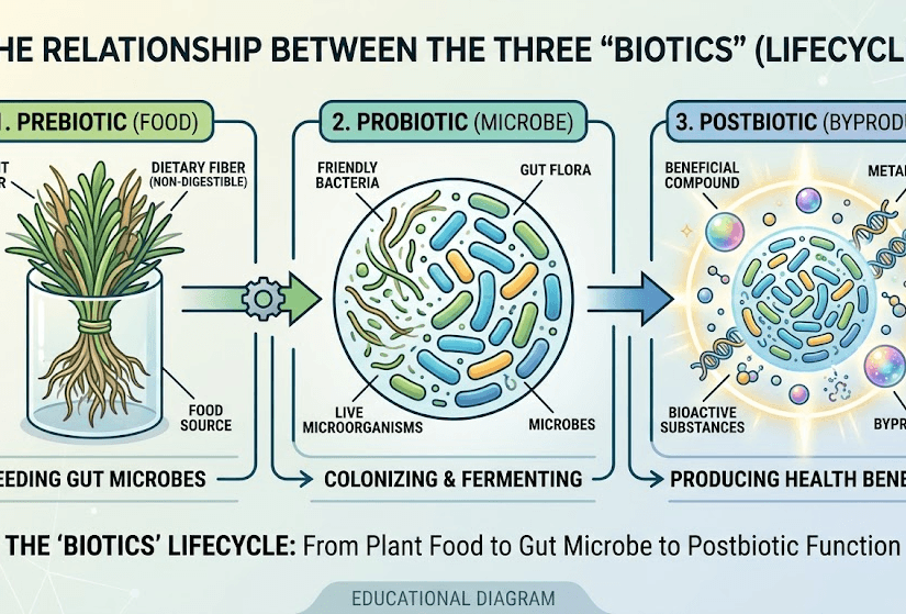 Infographic showing how prebiotic fibers feed probiotic bacteria to produce beneficial postbiotic compounds