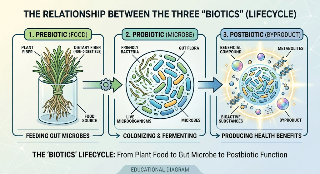 Infographic showing how prebiotic fibers feed probiotic bacteria to produce beneficial postbiotic compounds