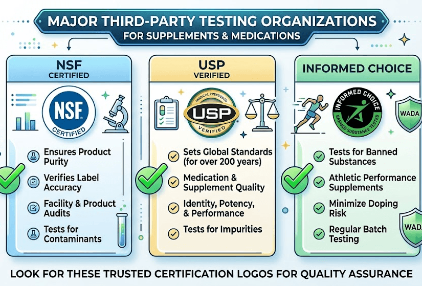 Logos of trusted third party supplement testing organizations including NSF and USP