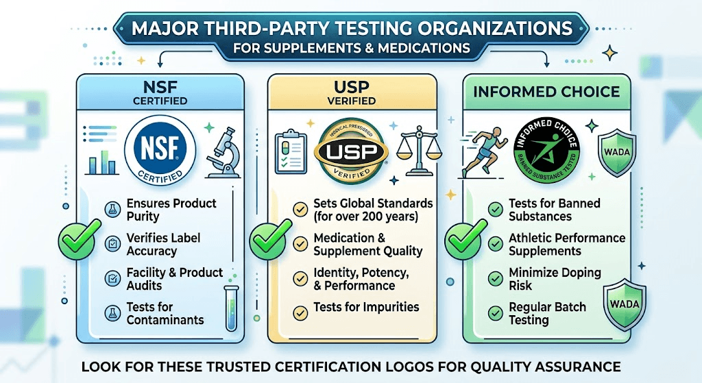 Logos of trusted third party supplement testing organizations including NSF and USP