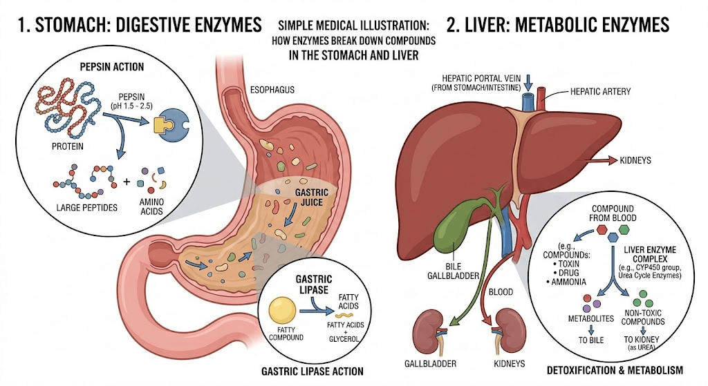 Medical diagram illustrating how the liver metabolizes drugs and dietary supplements