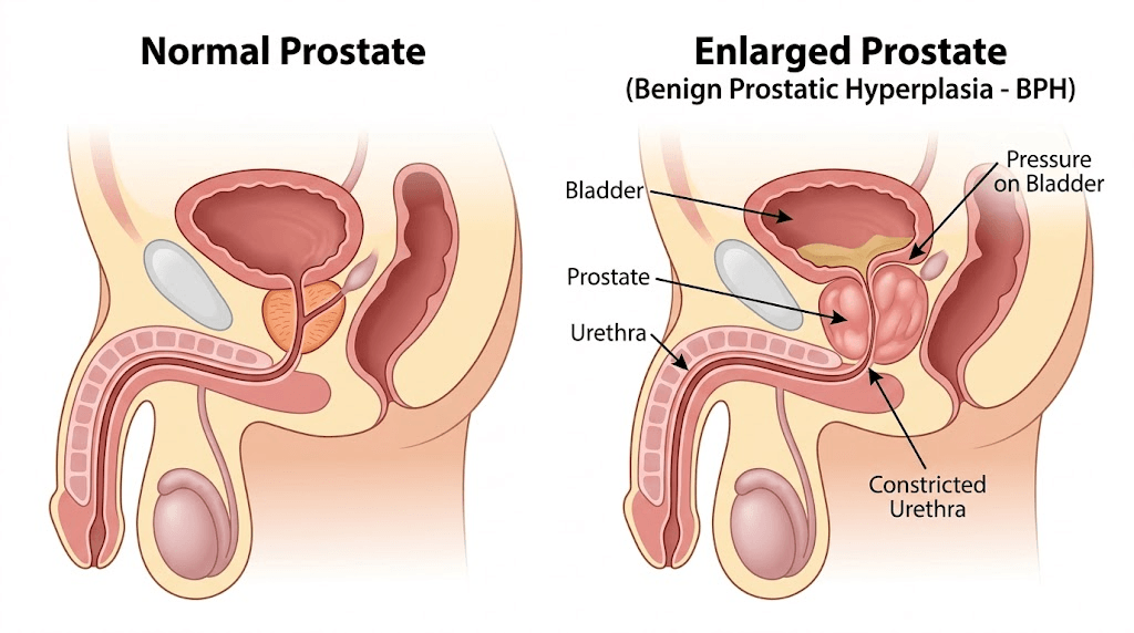 Medical illustration comparing a normal prostate to an enlarged prostate restricting the urethra