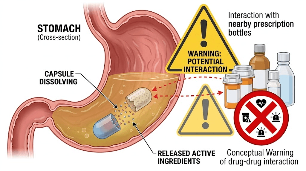 Medical illustration showing dietary supplements interacting with prescription medications