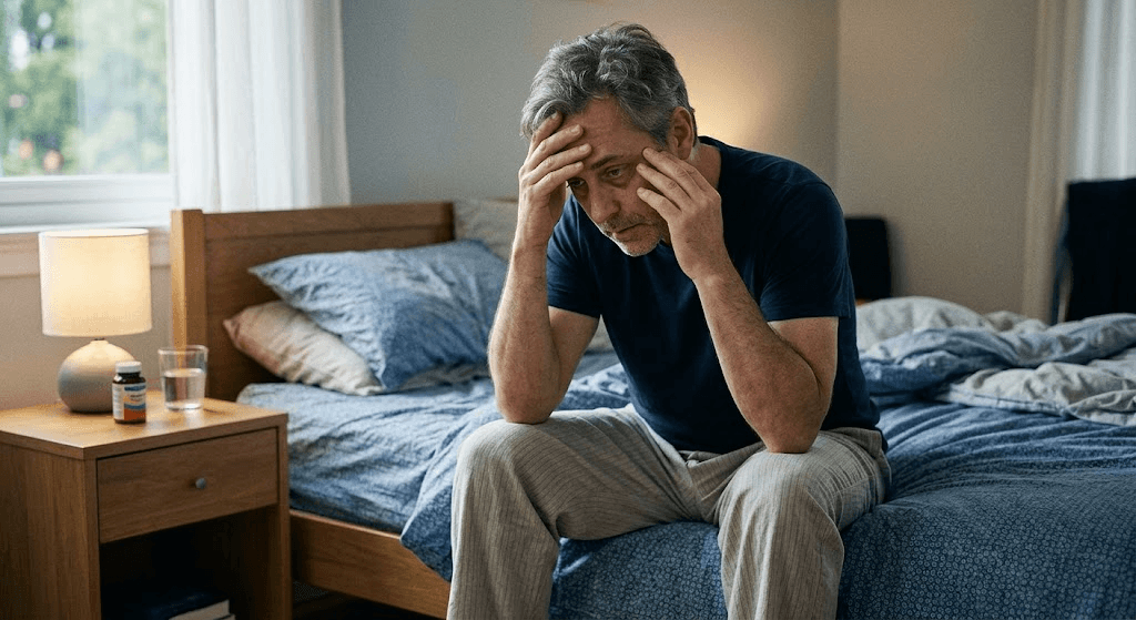 Middle-aged man experiencing fatigue, a common symptom of both normal aging and low testosterone
