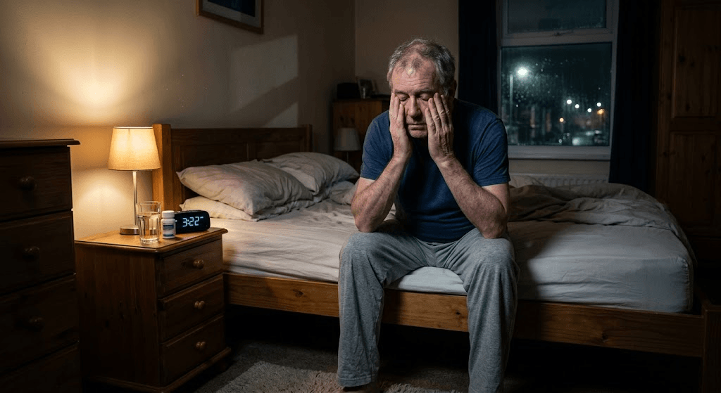 Older man sitting awake on edge of bed at night experiencing sleep disruption