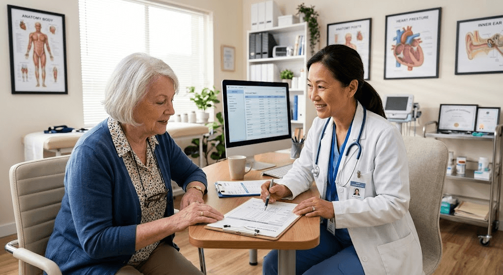 Patient discussing ear health symptoms with a healthcare professional