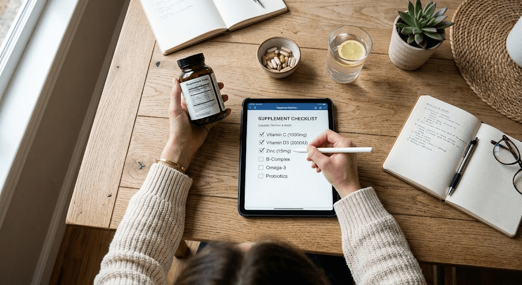 Person evaluating a dietary supplement bottle using a safety checklist on a tablet