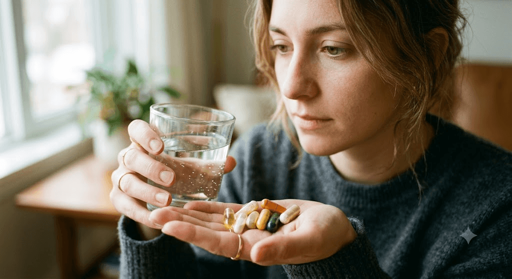 Person holding various supplement capsules and a glass of water