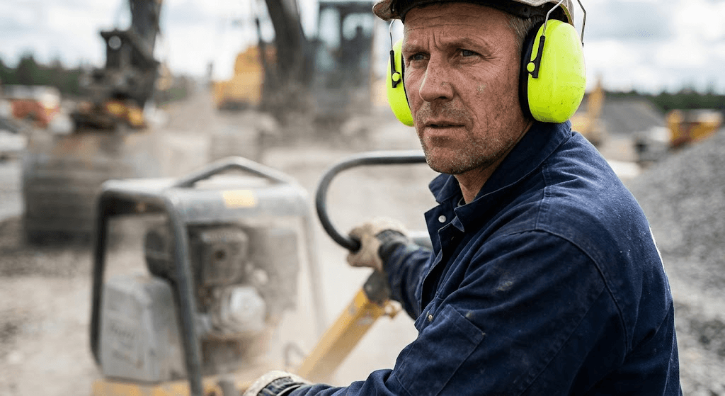 Person wearing protective earmuffs to prevent noise-induced hearing damage