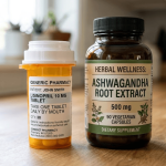 Prescription medication bottle sitting next to a dietary supplement bottle on a counter