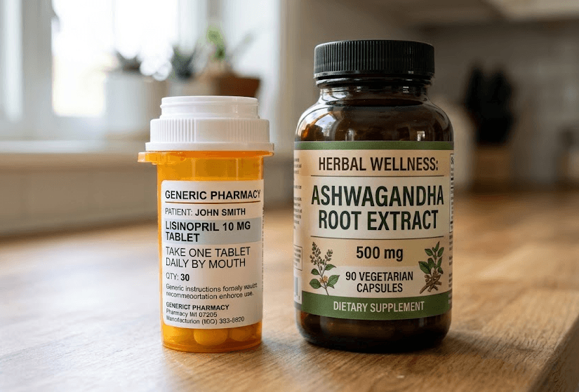 Prescription medication bottle sitting next to a dietary supplement bottle on a counter