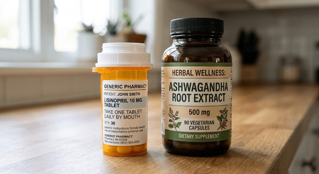 Prescription medication bottle sitting next to a dietary supplement bottle on a counter