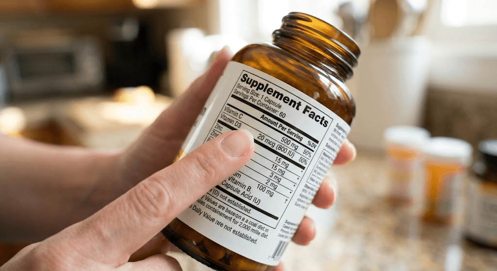 Reading the Supplement Facts label on a dietary supplement bottle
