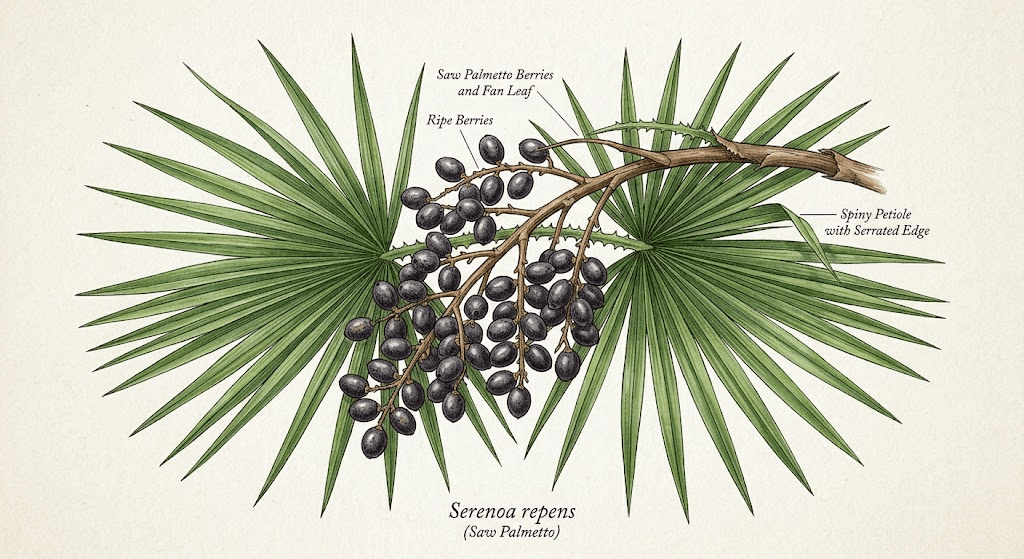 Ripe dark berries on a saw palmetto plant, traditionally used to create prostate health supplements