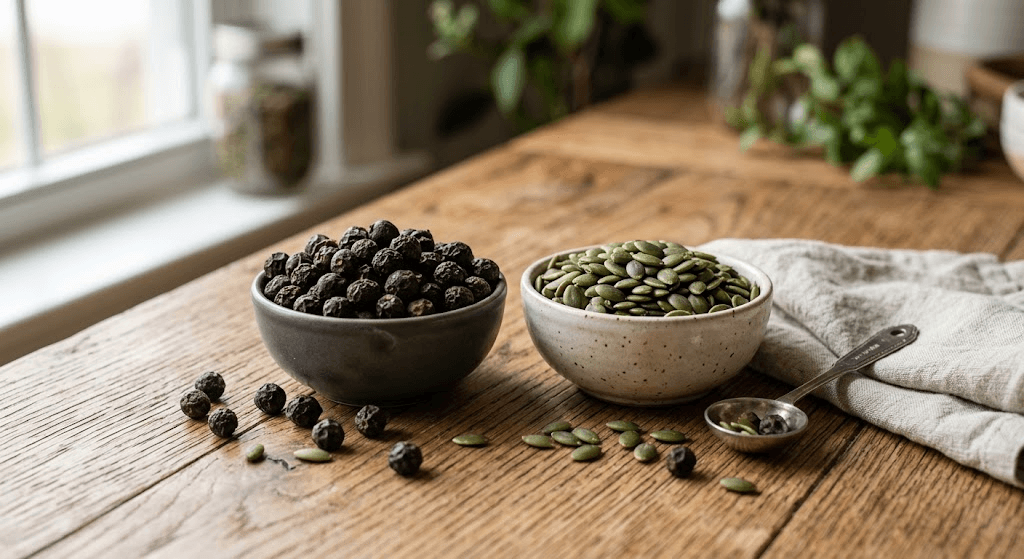 Saw palmetto berries and pumpkin seeds commonly used in prostate supplements