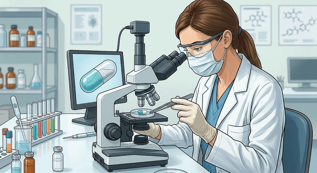 Scientist inspecting supplement capsules in an independent laboratory