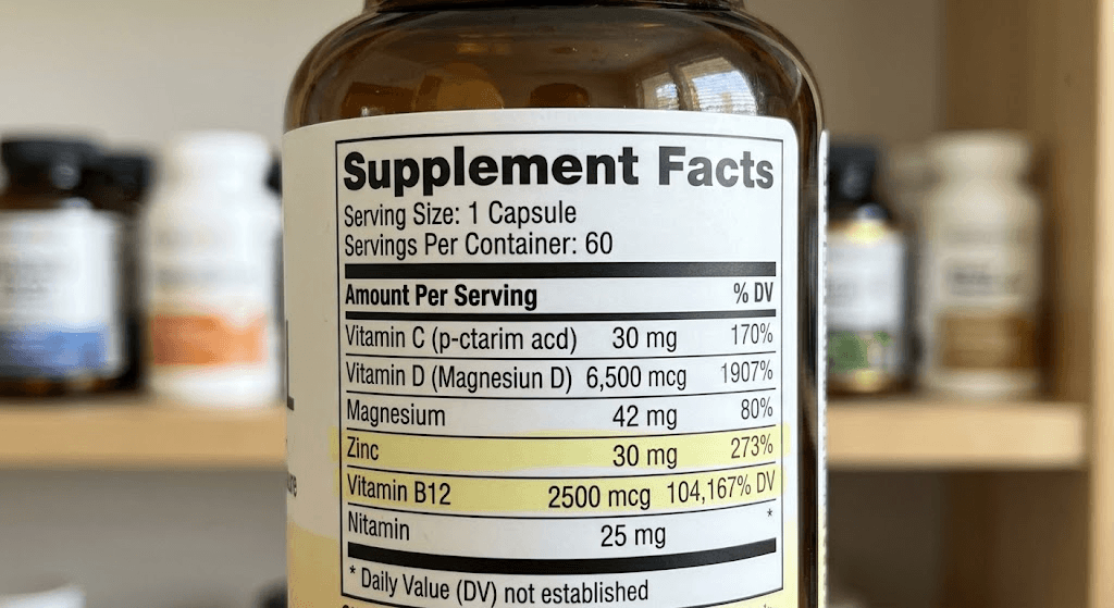 Supplement Facts label showing daily values for Zinc and Vitamin B12