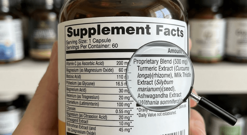 Supplement facts label highlighting a proprietary blend hiding ingredient amounts