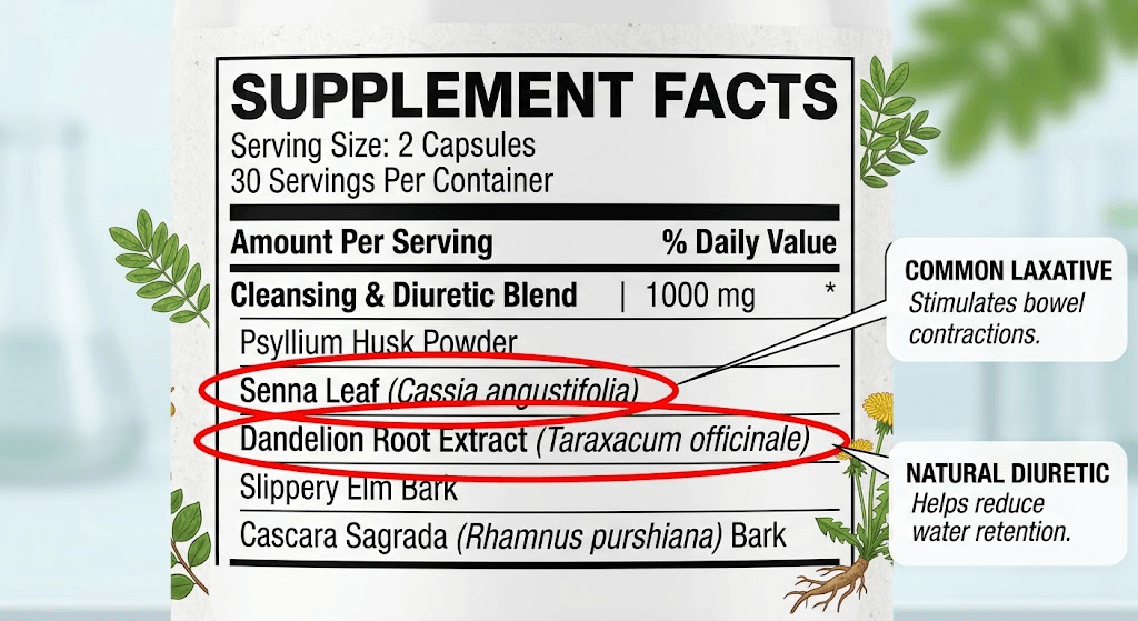 Supplement facts label highlighting senna leaf and dandelion extract in a detox tea blend