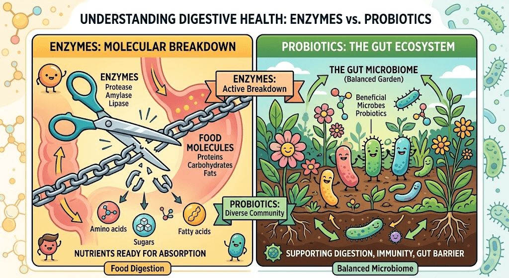 Visual comparison of digestive enzymes acting as scissors and probiotics acting as gut flora